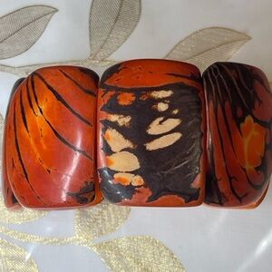Tagua Nut Wide Stretch Cuff Bracelet Red Orange Rectangular Handmade
